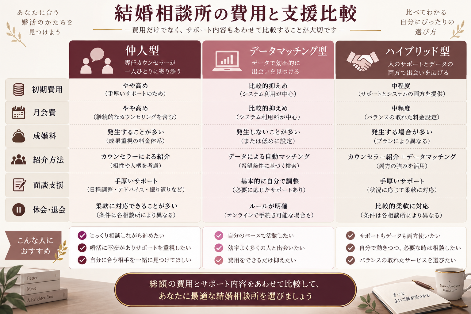 仲人型・データマッチング型・ハイブリッド型の結婚相談所を費用と支援内容で比較した図